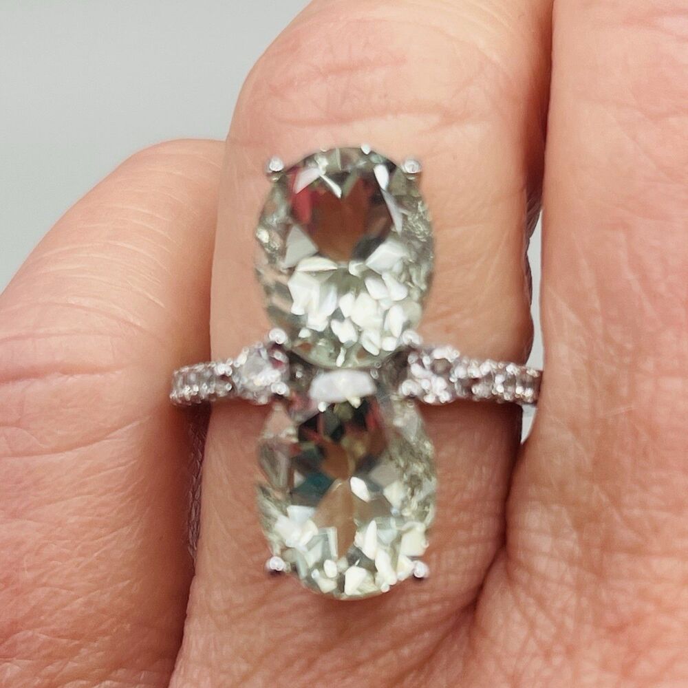JTV Oval Prasiolite (Green Amethyst) White Zircon Sterling Silver Ring Size 7
